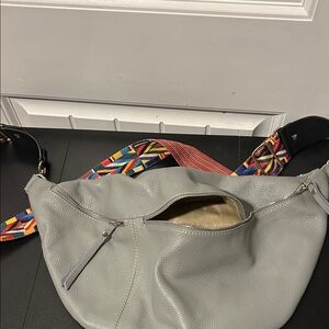 Gray Leather Crossbody Bag with Colorful Strap